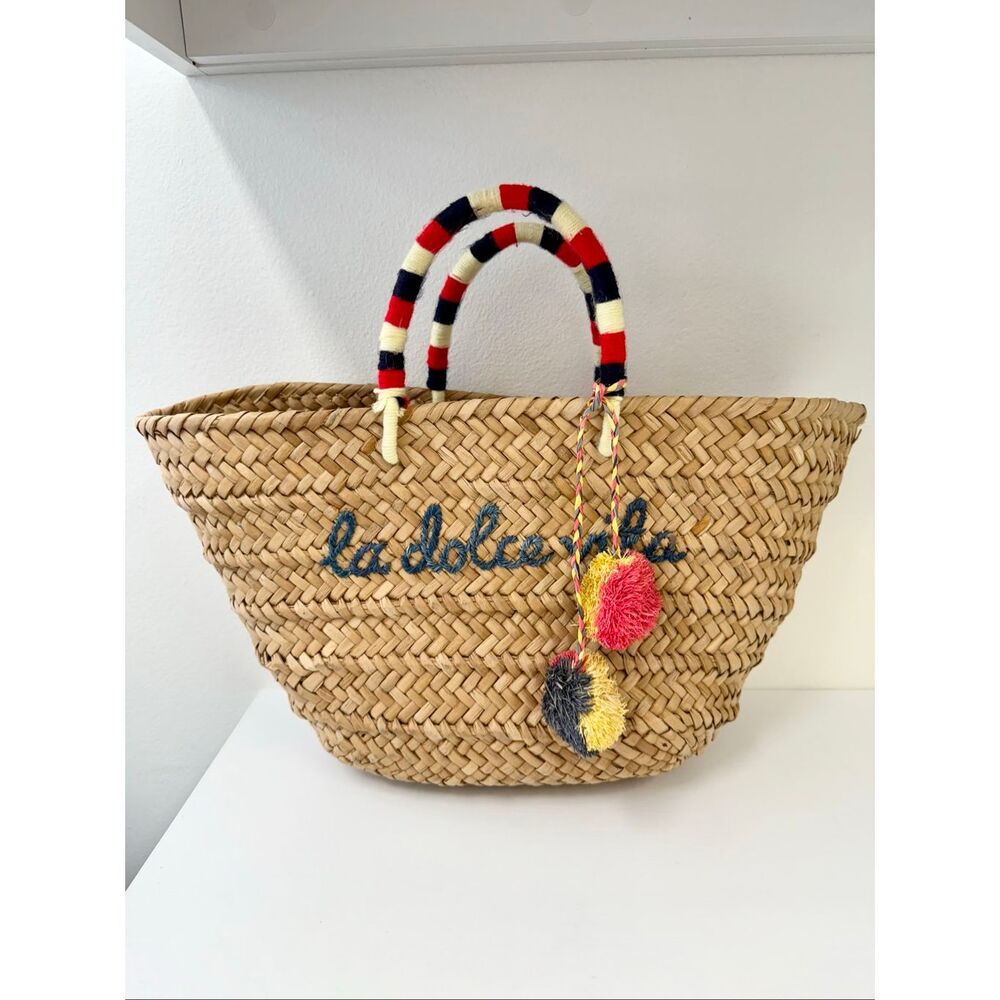 KAYU la dolce vita Woven Embroidered Basket Tote Handbag
